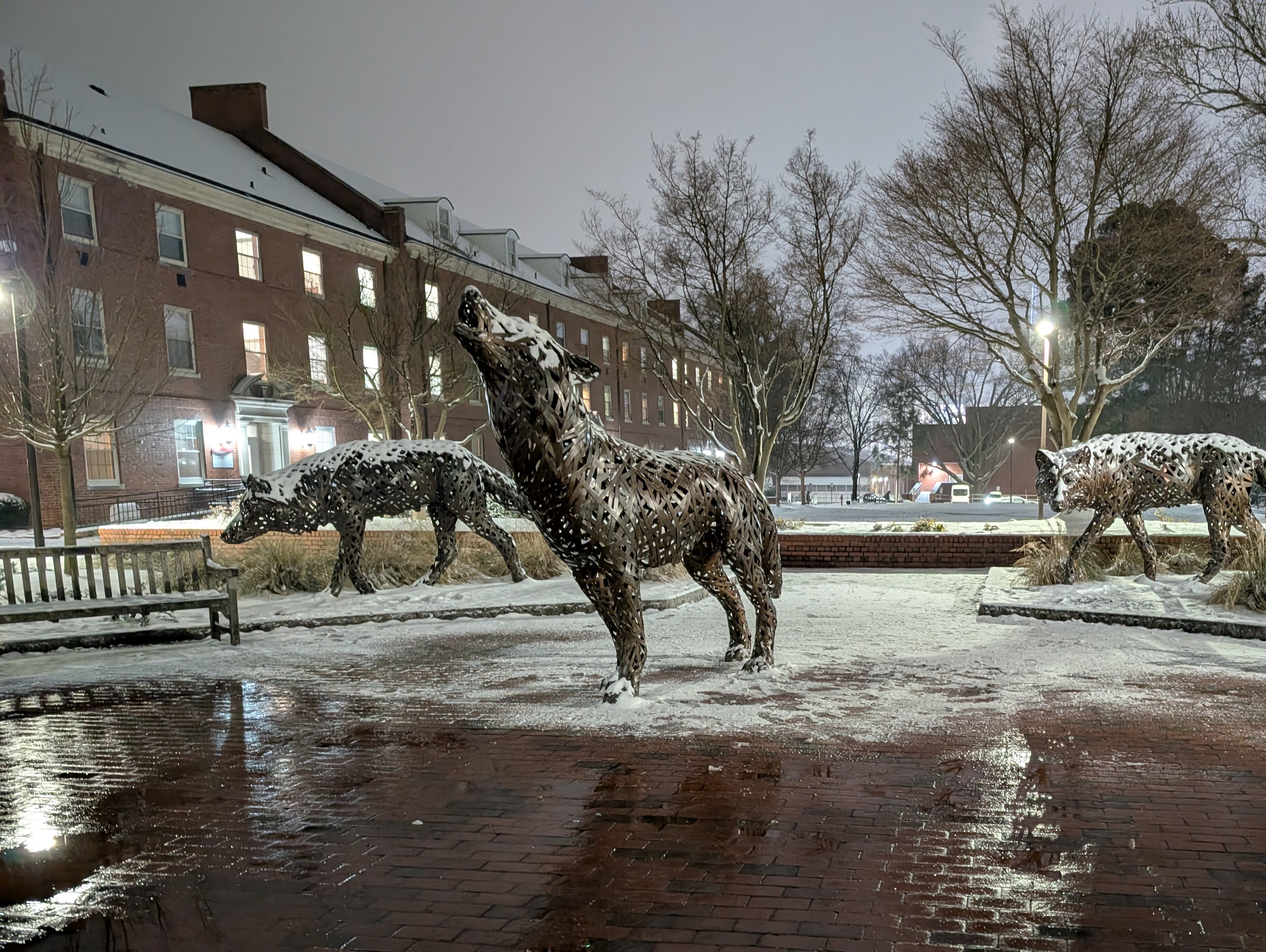 A photo of the wolf statues at NC State.